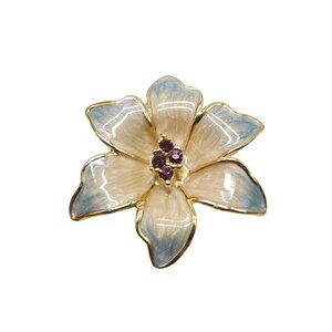 Blue Flower Brooch Gold Tone Elegant Marble Cream Enamel Rhinestone Center